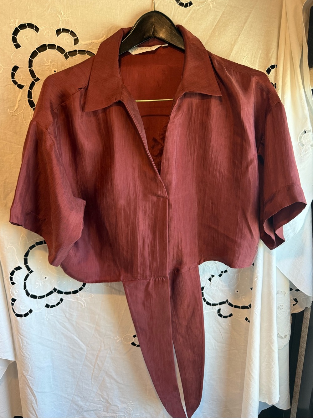 The Handloom Tie Front Crop Blouse EcoViscose Tencel Luxe Rust Boho M/L
